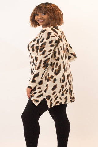 Leopard Print, loose fit, v-neck, tunic sweater with slide slits.